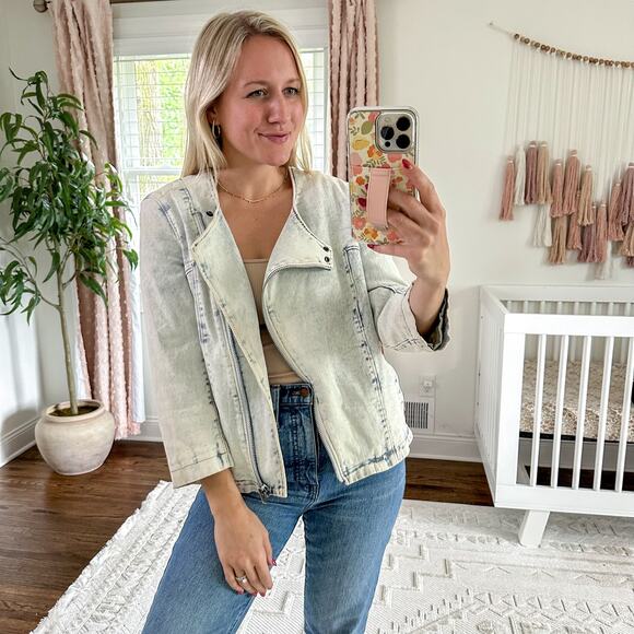 Helmut Lang Acid Wash Denim Moto Jacket with Asymmetric Zipper Blue L - Picture 1 of 5